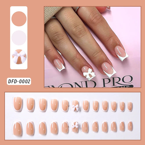 24Pcs White French Press On Nails 3D Bow Design Full Cover Wearable False Nails Short Square Head Ballet Fake Nails For Women